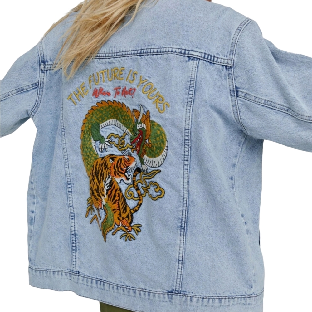 NASTY Gal Oversized Streetwear Embroidered Tiger & Dragon Jean Jacket